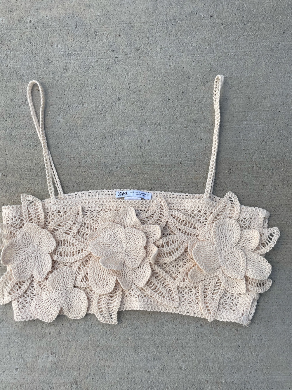 Zara Beige Crochet Floral Shoulder Tote